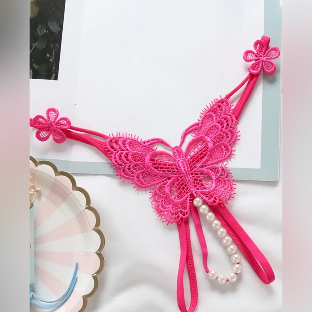 Butterfly Lace Embroidered Thong, Transparent Open File Sexy Pearl Panties